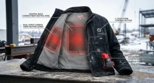 Diagram showing the chest and back carbon fiber heating zones inside a durable construction work jacket.
