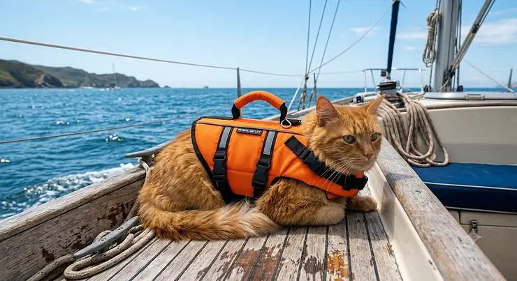 Orange cat wearing a cat life jacket with handle resting on a boat deck
