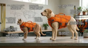 Comparison illustration showing the anatomical fit differences between a cat life jacket and a dog life vest