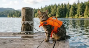Cat wearing a life jacket with reflective safety strips sitting near a wooden lake dock