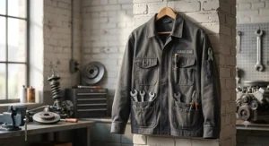A charcoal gray auto mechanic jacket showing multi-functional utility pockets for holding tools.