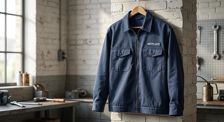 An auto mechanic jacket in classic navy blue with a zippered front and spacious chest pockets.