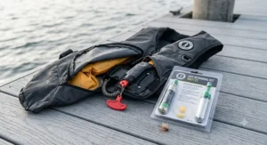 A CO2 cylinder rearming kit next to an open inflatable fishing life jacket mechanism.