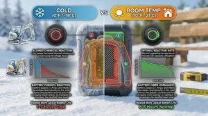 An illustration explaining how extreme cold temperatures affect the performance and discharge rate of a heated work jacket battery.