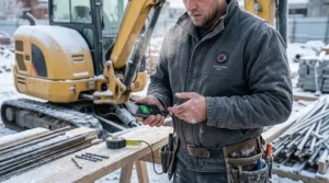 An illustration of a construction worker staying warm in freezing winter conditions with reliable heated work jacket battery life.