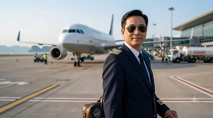 A commercial airline captain standing on a tarmac wearing a professional navy blue pilot jacket with gold-striped epaulettes.