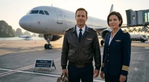 A side-by-side comparison illustration showing a casual leather bomber-style commercial pilot jacket next to a formal structured airline uniform blazer.