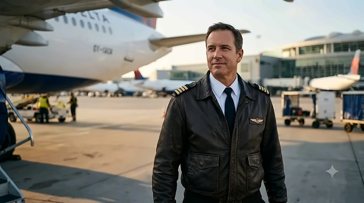 premium black leather commercial pilot jacket with traditional aviator collar and zip-up front, styled as part of a formal airline crew uniform.