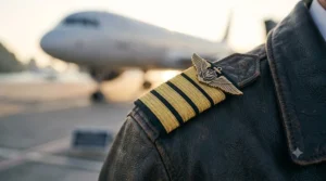 A close-up graphic of gold ranking stripes attached to the shoulder epaulet of a sharp commercial pilot jacket.
