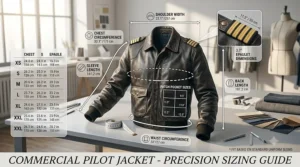 A sizing chart illustration outlining chest, shoulder, and sleeve measurement points for finding the perfect fit for a commercial pilot jacket.