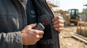 An illustration showing a tradesperson plugging a power bank into the internal pocket connection of a heated work jacket.