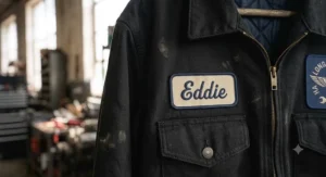 Detailed view of the precise stitching on a customized mechanic jacket with a name patch attached to the front.