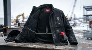 All-black heated construction jacket with a detachable hood and multiple utility tool pockets.