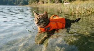 Domestic cat wearing a secure life jacket swimming comfortably in shallow water