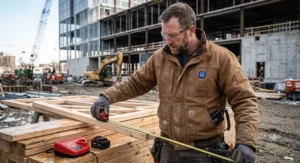 Rugged brown duck canvas electric heated work jacket designed to withstand cold weather construction and carpentry jobs.