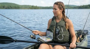 Angler kayak PFD with large drop-down tackle pockets and attachment loops for fishing gear