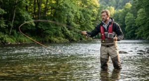 Fly fisherman casting a line in a river wearing chest waders and a slim-profile inflatable fishing life jacket.