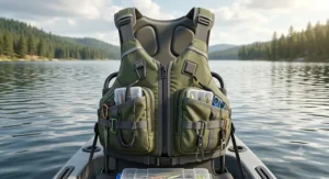 Front view of a low profile kayak fishing PFD showing high-back foam design and tackle storage pockets.