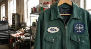 A classic garage style mechanic jacket with a custom name patch on the right and a company logo patch on the left.