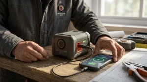 An illustration of a dual-purpose heated jacket battery charging a smartphone while powering the heated work jacket.