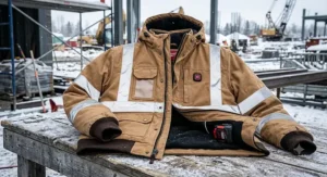 Heavy-duty heated safety jacket with reflective silver strips and weather-resistant canvas shell.