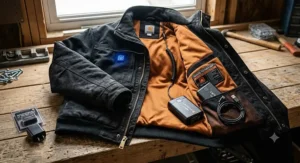 A durable, heavy duty heated utility coat showing the interior lining and rechargeable lithium ion battery pack.