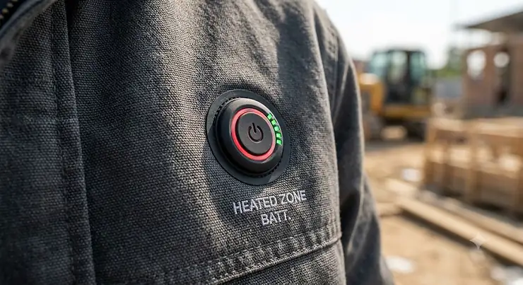 An illustration of a heated work jacket power button with LED color rings indicating temperature settings and remaining battery life.