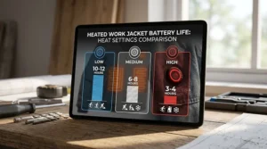 An infographic illustration comparing heated work jacket battery life across low, medium, and high heat settings.