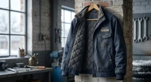 An insulated auto mechanic jacket with a warm quilted lining designed for cold garage work.