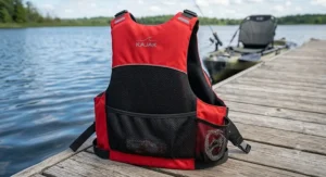 High-back kayak PFD featuring breathable mesh pockets designed for touring and fishing