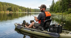 High-back PFD for kayak anglers designed to fit comfortably over high-seat fishing kayaks