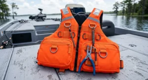 High-visibility bass fishing life vest equipped with metal D-rings and tool attachment loops.