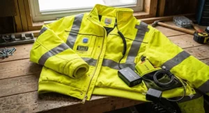 ANSI certified high visibility yellow battery powered work jacket with reflective safety strips for roadside construction.
