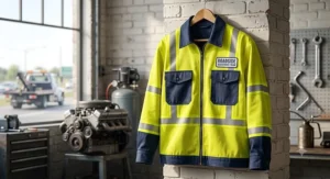 A high-visibility auto mechanic jacket with yellow reflective safety strips for roadside assistance.