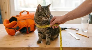 Illustration showing how to measure a cat's chest girth for a proper fitting life jacket