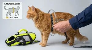 Sizing diagram showing how to measure chest girth for a cat life jacket with handle