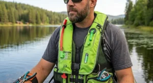 Compact inflatable PFD for kayak anglers offering maximum mobility on the water