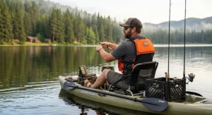 Kayak angler casting a line while wearing an ergonomic life jacket with large armholes