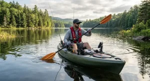 Man paddling a fishing kayak on calm water wearing a lightweight inflatable fishing life jacket.
