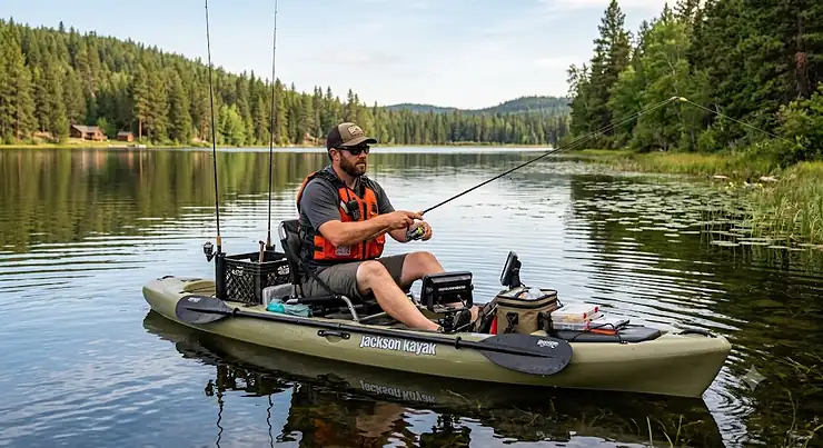 A kayak angler fishing on a lake while wearing an approved life jacket for kayak fishing