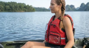 Side view of a high-visibility kayak PFD with dual side pockets and reflective safety accents