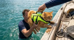 Pet owner safely lifting a cat out of the water using the cat life jacket top handle