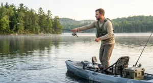 Kayak fisherman casting a rod effortlessly while wearing a slim low profile kayak fishing PFD.