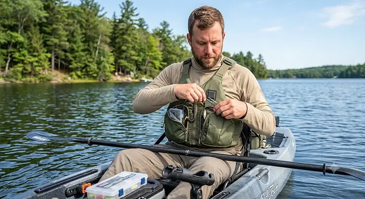 Angler sitting in an open kayak wearing a low profile kayak fishing PFD with zippered front pockets.