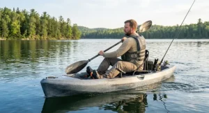 Angler paddling on open water wearing a low profile kayak fishing PFD with high seat clearance.