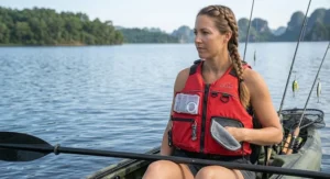 Low-profile touring kayak PFD featuring fleece-lined handwarmer pockets and front storage