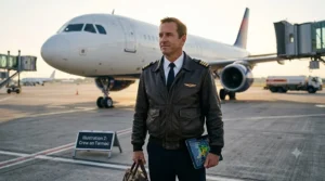 An illustration of a professional male airline pilot in a tailored commercial pilot jacket standing on the tarmac next to a modern aircraft.