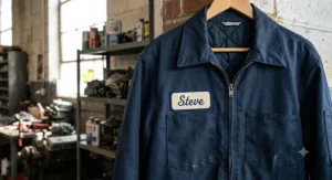 An insulated navy blue mens mechanic jacket with a classic script name patch sewn above the front pocket.