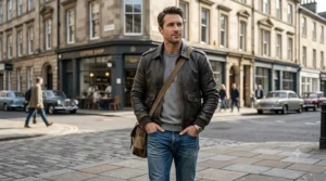 A candid urban street portrait of a man wearing a classic leather pilot jacket with epaulettes styled with jeans.