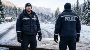 Front and rear views of an officer fit in a standard navy blue police winter patrol jacket.